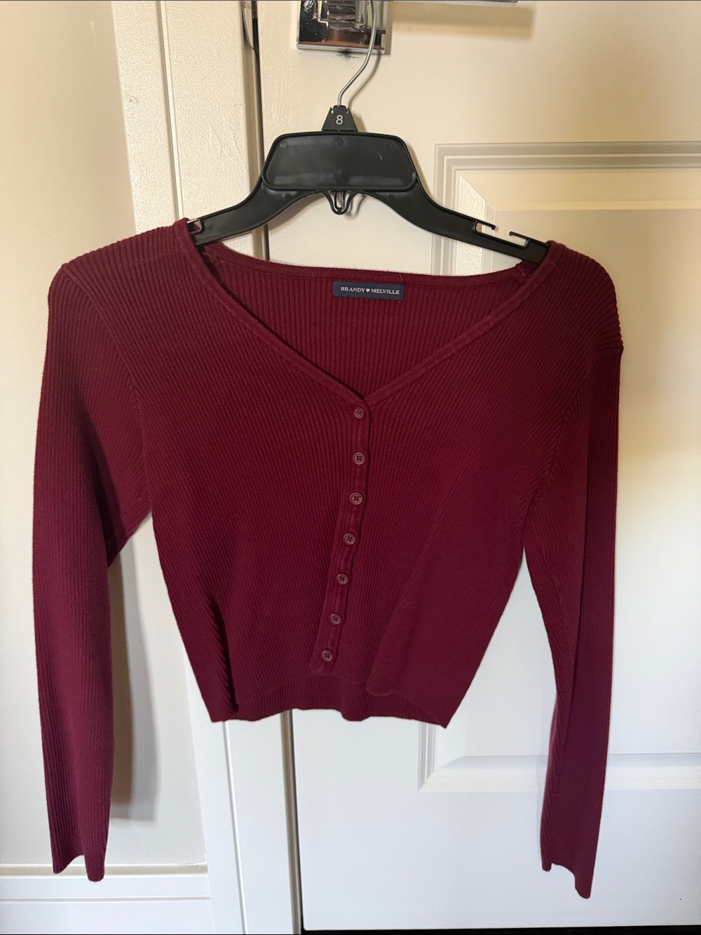 Brandy Melville Wine Ribbed Button-Front V-Neck Crop Top